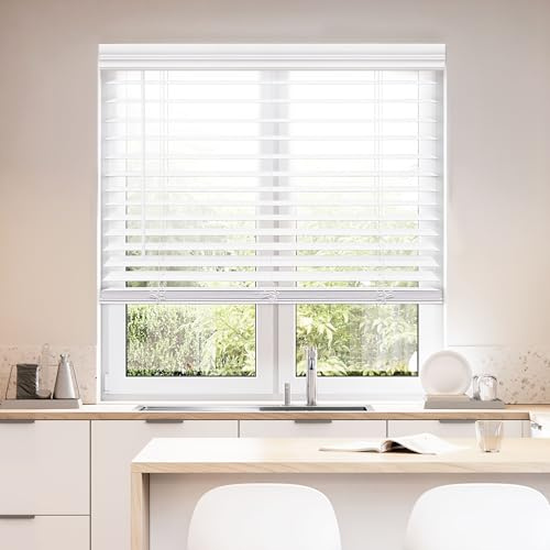 DEZ FURNISHINGS Cordless 2 Faux Wood Blind, 58 W x 48 H, White