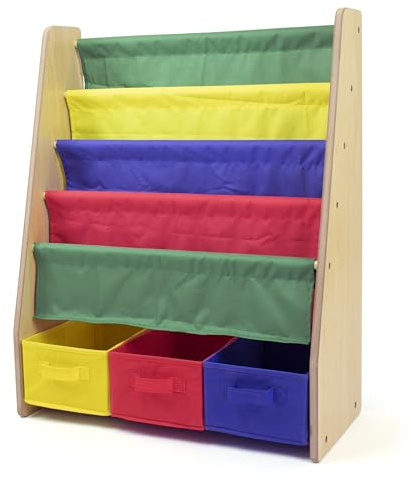 Humble Crew Children’s & Toddler Wooden Bookshelf - 4 Tier Kids Book Storage with Forward Facing Display, Deep Fabric Pockets & 3 Collapsible Bins - Natural Wood/Red/Blue/Green/Yellow