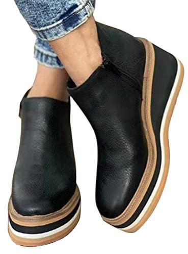 ticticlily Stiefel Damen Keilabsatz Stiefeletten mit Hohem Absatz Reißverschluss Winterstiefel Bequem Mode Kurze Stiefel Schwarz 37 EU
