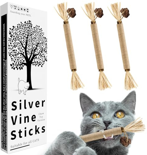 YWAOOH 3 Pack Silvervine Sticks Cat Toys, 100% Natural Kitten Teething Chew Toys, Catnip Toys for Kittens & Cats, Cat Approved Gift, Protects Furniture