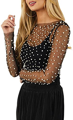 FeMereina Camiseta de Mujer con Perlas y Pedrería de Malla Transparente Semitransparente de Manga Larga Crop Top Blusa con Perlas y Cuentas Cobertor de Playa, Negro, S