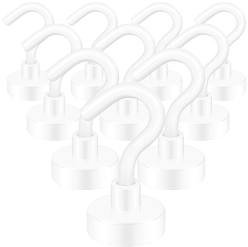 Neosmuk Lot de 10 Crochets Magnétiques Extra Puissants 10 kg - Aimants en Néodyme pour Barbecue, Atelier - Support Magnétique (Blancs)