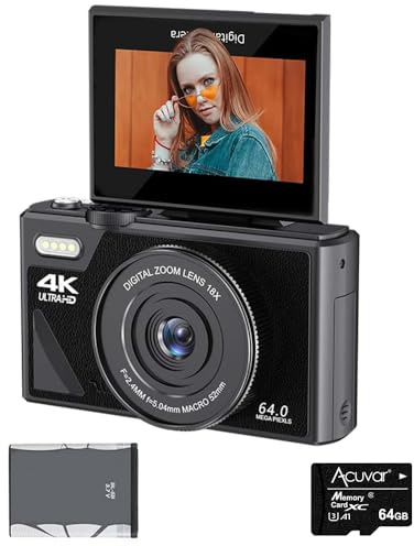 Acuvar 4K 64 MP digitalkamera för fotografi, vloggkamera för YouTube med 180° flip-skärm, 18 x digital zoom (startkit, svart)