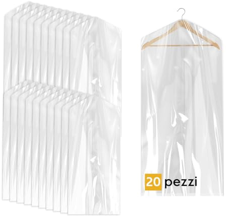 20 Custodie per Abiti 60x120cm Trasparenti - Sacchetti Vestiti Armadio Antipolvere per Tintorie, Giacche e Camicie