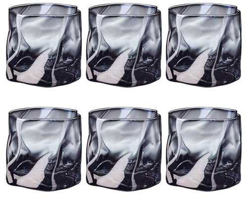 LOITTAINUE Glasses Set of 6 200 ml - Irregular Crystal Whiskey Glasses - Drinking Glasses Iced Coffee Glasses Cocktail Glasses Long Drink Glasses Water Tea Coffee Juice - Dishwasher Safe (Grey)