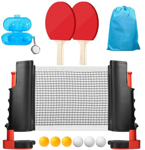 Asfrode Tischtennis Set, 2 Tischtennisschläger + 6 Tischtennis-Bälle + 1 Einziehbarem Netz + 1 Aufbewahrungstasche Tischtennisschläger Set für Kinder Erwachsene Familien