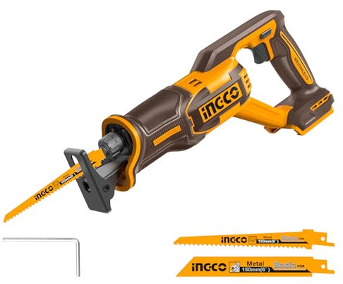 INGCO 20V Cordless Reciprocating Saw (Body Only), Brushless Motor, Electric Saws 2800RPM, 12mm in Metal with 2Pcs Saw Blade for Wood Cutting, Metal Cutting CRSLI2108
