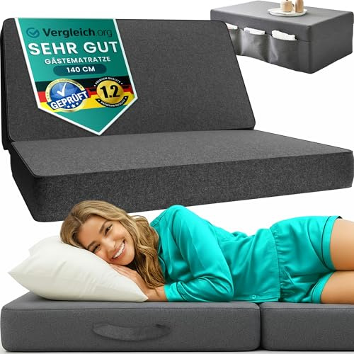 Klappmatratze Doppelmatratze klappbar 140x195x14 cm – mittelfest & bequem – Faltmatratze Gästebett für 2 Personen mit Husse, als Tisch & Sitzwürfel klappbar nutzbar – platzsparend für Gäste – OEKO-TEX