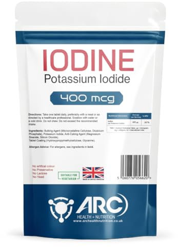 Iodine Supplement Tablets 400mcg High Strength Potassium Iodide - Non-GMO & Gluten-Free Iodine Supplement - Trace Mineral - UK Made (60)