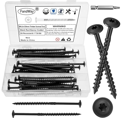 FandWay 50 Pièces Vis à Bois Torx pour Panneaux D'aggloméré 6,3x125mm Vis à Tête Ronde Large Bombé,Vis Autotaraudeuses Torx Universelles Noir Pour Construction de Toiture,Terrasse Avec 1 T30 Bits.
