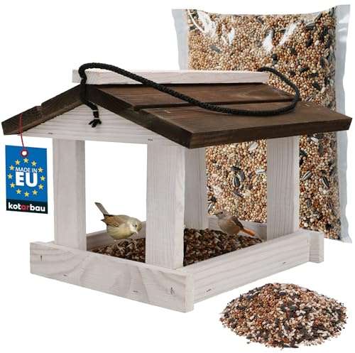 KOTARBAU® Mangiatoia Uccelli da Esterno - Legno - 23.5x21x18 cm - Bianco & Marrone - Casetta Per Uccellini Selvatici - 0.5 kg Cibo Uccelli Selvatici - Decorazione Da Giardino In Legno