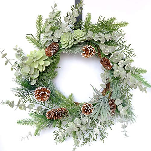 Idyllic 22 Inch Greenery Winter Wreath with Snowy Pine Cones and Succulent Plants - Large Christmas Wreath for Front Door, Rustic Farmhouse Pine Wreath for Indoor Outdoor Decor