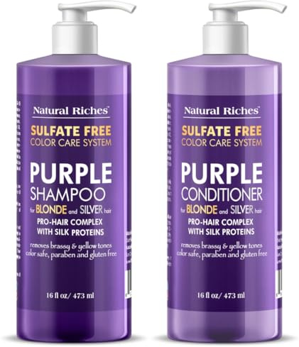 Natural Riches Purple Shampoo and Conditioner Set for Blonde, Silver & Gray Hair – Sulfate-Free, Color-Safe, Removes Brassy & Yellow Tones for Natural, Highlighted, and Bleached Hair – 16x2 fl oz