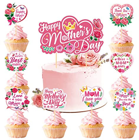 HOWAF 25 Pcs Decoration Fête des Mères Cake Topper Happy Mother's Day Cake Topper Décorations de Gâteau Fête de Mère Topper Gateau Fete des Meres Cupcake Topper Deco Gateau pour Cadeau Fete des Meres