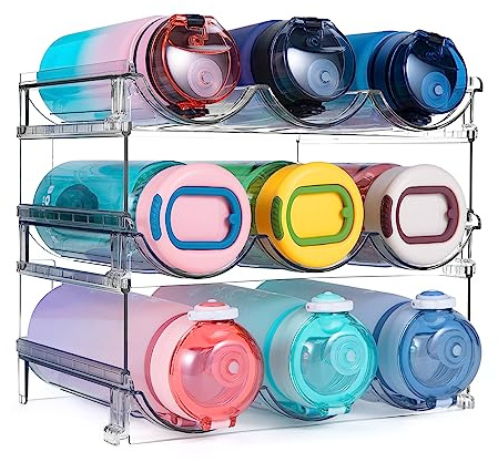 spospo Water Bottle Organizer for Cabinet, 3 Pack Water Bottle Organization and Storage Shelf, Plastic Water Bottle Holder Rack for Fridge, Kitchen, Desktop