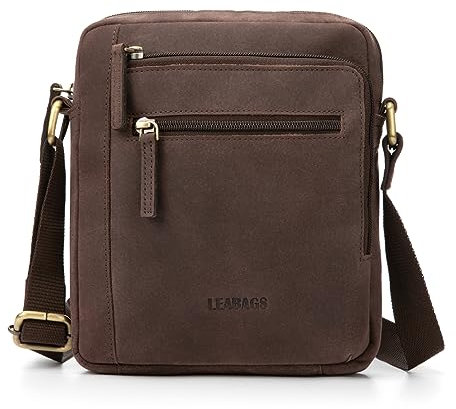 LEABAGS Leder kleine Umhängetasche Herren I Messenger Bag mit Schultergurt I Schultertasche I Herren Reisetasche I Tragetasche I Handtasche I Handytasche I Leder handgefertigt I Nature Dunkelbraun