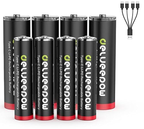 Delyeepow USB-C 4 Pilas AA de Litio Recargables 3400 mWh, 4 Unidades AAA baterías de Litio Recargables 1200 mWh