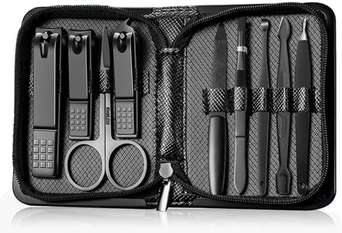 Set Manicure Tagliaunghie Kit Pedicure -9pcs Kit Manicure in Acciaio Inox, Strumenti Per La Cura Delle Kit Unghie Con Lussuosa Confezione Regalo in Pelle Da Viaggio (9, Nero)