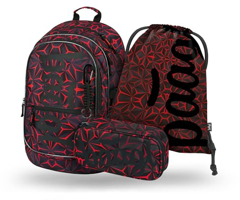Baagl Schulrucksack Set Jungen Mädchen 3 Teilig, Schultasche für Grundschule Volksschule, Grundschule Ranzen mit Brustgurt, Ergonomischer Schulranzen (Red Polygon)
