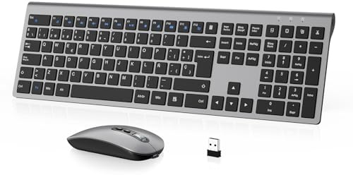 Combo Teclado y Ratón Inalámbrico- cimetech Teclado y ratón Recargable 2.4G, QWERTY Español Layout, Teclado de diseño ergonómico, Ultrafino para Ordenador/PC/portátil/Windows 10/8/7(Gris)