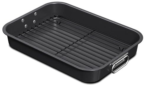 CHEFMADE Roasting Pan with Rack, 15 Inch Deep Roasting Pan, Deep Lasagna Pan for BBQ Vegetbale and Meat 15.4 x 11.2 x 2.3 (Black)