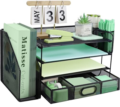 3 Tier Desk File Organiser with Extra Vertical File Sorter, Paper Letter Tray with Top Stationery Drawer Holder, A4 Paper Desktop Filing Trays, Magazine Document Holder for Home Office, Black