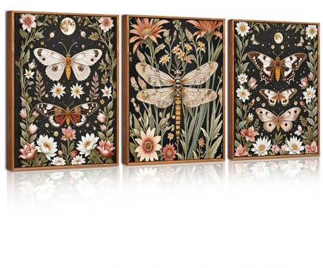 HPNIUB William Morris Wall Art Vintage Floral Wall Decor Framed Butterfly Dragonfly Prints Nature Botanical Animal Artwork Set of 3 for Living Room Home Drcoration 30x40cm