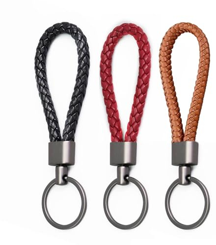 3 Llaveros Cuero Trenzado, Rojo Negro Marrón para Hombre Mujer Coche | Accesorio elegante resistente, moto bicicleta casa, piel trenzada, estable práctico, regalo ideal, útil, compacto