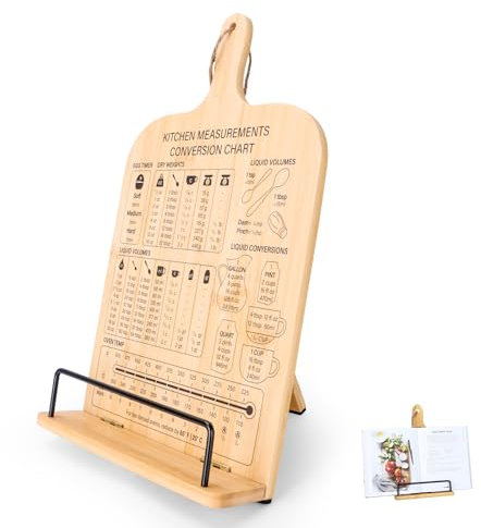 Book Stand Holder, Wooden Recipe Book Stand Cookbook Stands for Kithchen Foldable & Hangable Recipe Book Holder for Kitchen Counters Rustic Display Stand with Measurement Conversion Chart