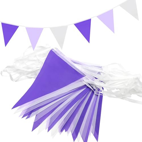QRTDXP 40m80pcs Purple and White Bunting Banner，16 * 21cm Reusable Purple Pennants For Birthday Party Indoor Outdoor Decoration