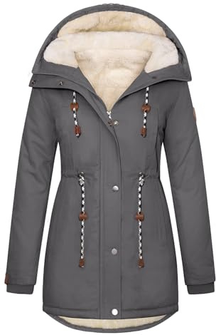 TOMEEK Women Parka Winter Coat Warm Fleece Lined Jacket Thick Quilted Hooded Outerwear Windproof Cotton Padded Overcoat with Pockets,Light Grey,Size M