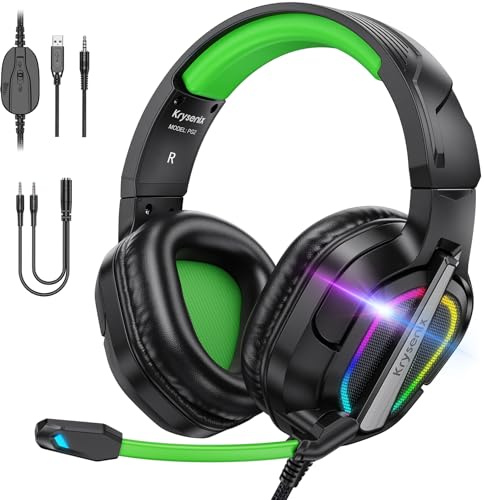 Krysenix PG2 RGB Gaming Headset für PS4, PS5, PC, Xbox,Switch,Ps5 Gaming Headset mit Mikrofon, Over-Ear Kopfhörer,Ps4 Kopfhörer mit 3,5mm Klinke,Wald Grün