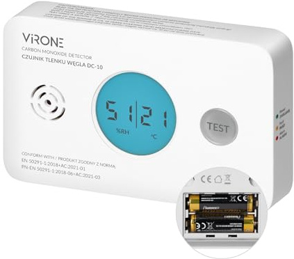 Virone Detector Monoxido de Carbono A Pilas con Pantalla LCD Fácil Lectura - Fiable y Certificado TÜV Vida Útil 10 Años IP20