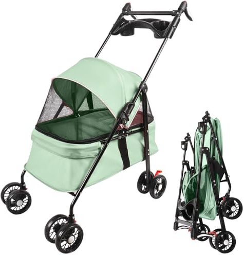 Belfoyer Poussette Chien 2 en 1 Pliable avec Panier Amovible, Poussette pour Chien Chat avec Ceinture de Sécurité, Fenêtres en Maille et Panier de Rangement, Convient jusqu’à 15kg((50*70*95cm ,Vert)