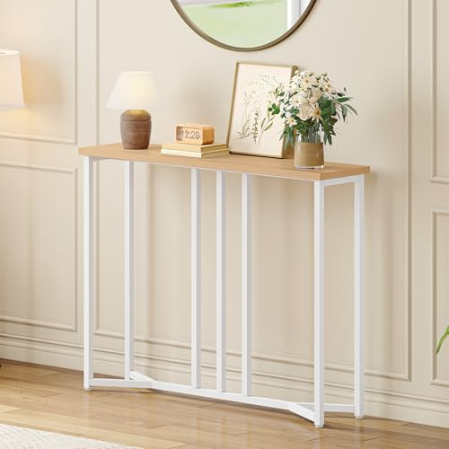 YITAHOME Console Table, 80CM Slim Console Table for Hallway, Metal Frame, Compact Display Table, Sofa Table for Small Spaces, Entryway, Living Room, Sturdy, Natural Wood Color and White