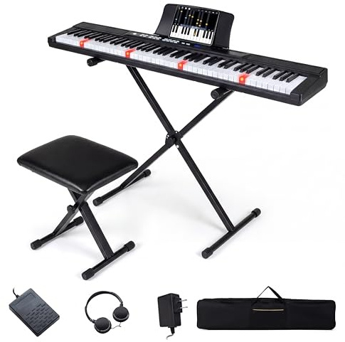 KOMFOTTEU Teclado de Piano de 88 Teclas, Piano Digital con Taburete, Soporte Ajustable, Auriculares, Teclado Electrónico con Teclas Iluminadas, Bolsa, para Principiantes, Adultos (Negro)