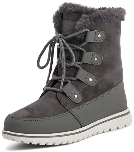 Polar Boot Womens Quilted Outdoor Cuff Snow Duck Waterproof Lace Up Faux Fur Boots , Grey Suede, 7 UK