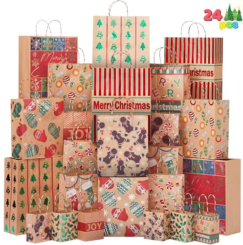 JOYIN 24 Borse da regalo Kraft Christmas Kraft Dimensioni assortite con manici di spago per un decorativo avvolgente per la festa di Natale, forniture di favore per feste in classe scolastica