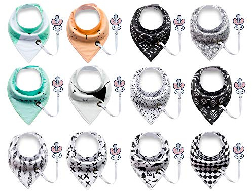 12-pack unisex baby småbarn bandana dregel haklappar med napp kedja supersäker och absorberande ren bomull
