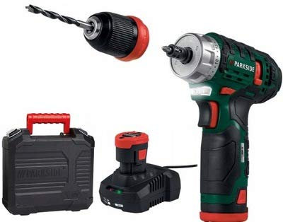 Parkside Akku-Bohrschrauber PBSA 12 D2 12V Akku PAPK 12 A2 und Ladegerät PLGK 12 A2 inklusive LED-Licht 2-Gang-Getriebe Einstellbare Drehgeschwindigkeit und Quick Stop