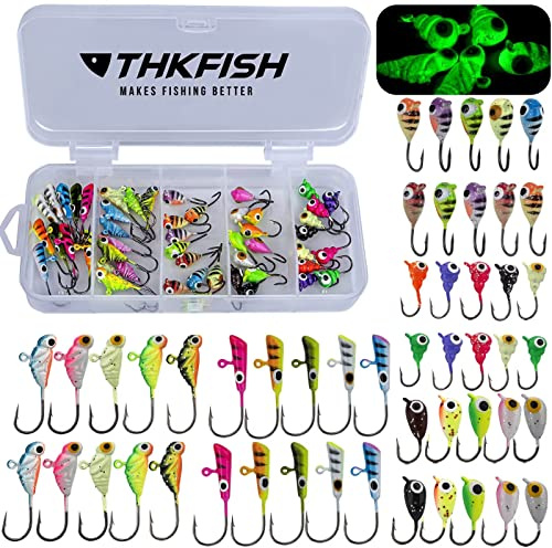 THKFISH 50 pz/scatola di maschere da pesca sul ghiaccio set esche da pesca glaucomi maschere teste per pesca su ghiaccio kit attrezzi panfish Crappie pesce persico jigs Ice Fishing Box A