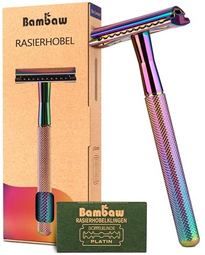Bambaw Metall Rasierer für Herren und Damen mit 5 Rasierklingen | Zero Waste Rasierhobel Klassisch | Umweltfreundlich | Eco Double Edge Razor | Regenbogenfarben