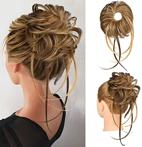 HOOJIH Messy Bun Hair Piece - Super Long Wavy Hair Wrap Ponytail Extensions, Wrap Scrunchies with Elastic Band - Grace - Medium Brown with Blonde Highlights