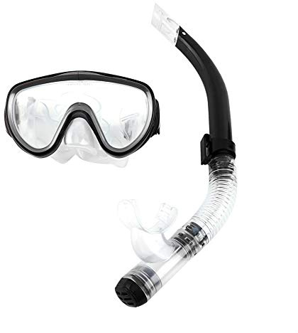 VGEBY Snorkel Set Anti-Fog Snorkel Glasses Set, 4 Colors Optional Adult PVC Tempered Glass Mask Silicone Mouthpiece Semi-dry Breathing Tube For Diving(black) Diving Water Sports