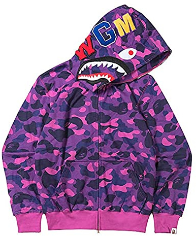 LIAOPUFUS Men's Shark Mouth Fashion Hooded Sweatshirt Zipper Long Sleeve Hip Hop Street Wear Style Hinges Camouflage, purple, S