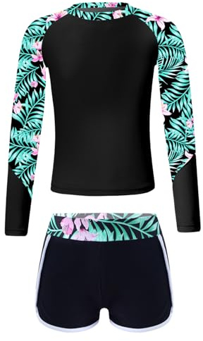 Oyolan Enfant Fille Maillot de Bain 2 Pièces Anti UV T-Shirt Manches Longues Rash Guard Short de Bain Tankini 5-16 Ans Noir 9-10 Ans