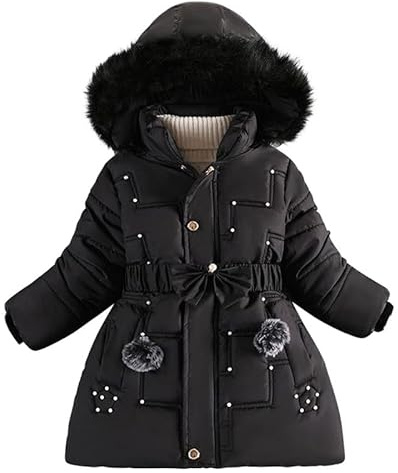 Runstarshow Girls' Winter Jacket Padded Coat Hooded Parka Fleece Lined Kids Warm School Outerwear With Detachable Hood Faux Fur Collar Belt Pockets for Ages 3-12 Years