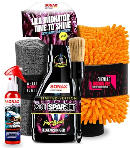 autopflege Sonax - Set di pulizia e sigillatura per cerchioni, 500 ml, edizione speciale senza acidi + Sonax Xtreme Ceramic Quick Detailer 140 ml + pennello per cerchioni + guanto