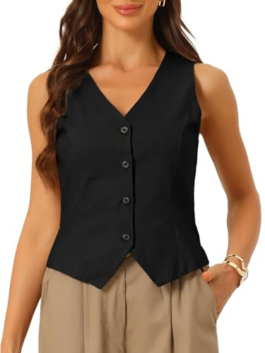 Allegra K Blazer sans Manches Femme Gilet Boutonné de Bureau Col en V Veste Courte Gilet de Costume Blazer d'affaire Noir S