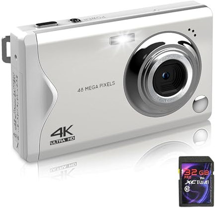 Digitalkamera, 1080 FHD Fotokamera 48MP Kompaktkamera, AutoFocus 4K Digital Kamera mit 32GB Karte, Tragbar 16X Digitalzoom Fotoapparat für Teenager Erwachsene Anfänger Mädchen Jungen (Weiß)